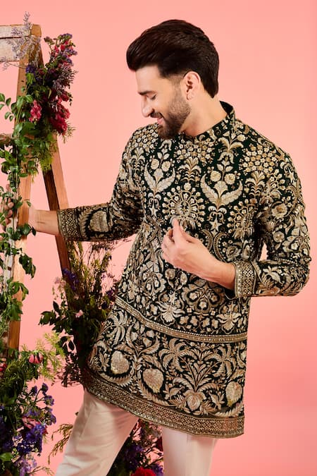 Kasbah_Green Georgette Zari Designer Work Kurta _Online_at_Aza_Fashions