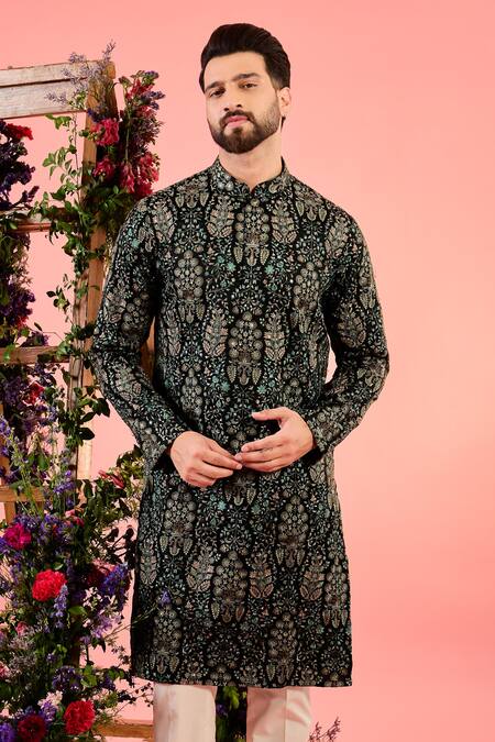 Kasbah_Black Silk Embroidery Chikankari Kurta _Online_at_Aza_Fashions