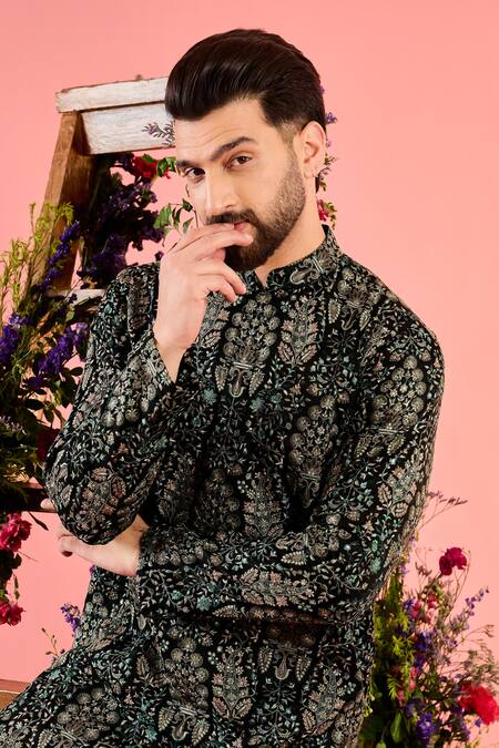 Buy_Kasbah_Black Silk Embroidery Chikankari Kurta _Online_at_Aza_Fashions