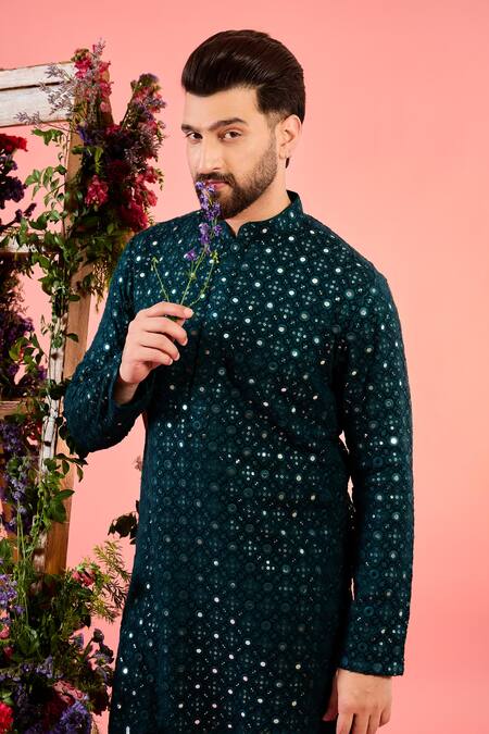 Kasbah_Green Georgette Mirrors Teal Work Kurta _Online_at_Aza_Fashions