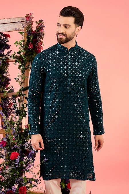Buy_Kasbah_Green Georgette Mirrors Teal Work Kurta _Online_at_Aza_Fashions