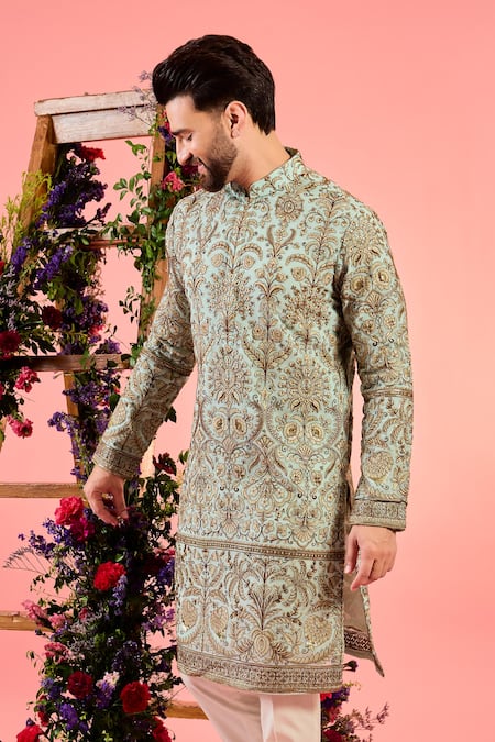 Kasbah_Blue Georgette Zari Chikankari Kurta _Online_at_Aza_Fashions