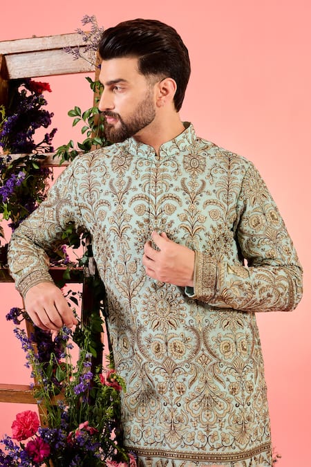 Buy_Kasbah_Blue Georgette Zari Chikankari Kurta _Online_at_Aza_Fashions