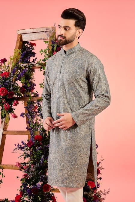 Kasbah_Beige Silk Embroidery, Zari Chikankari Kurta With Work _Online_at_Aza_Fashions