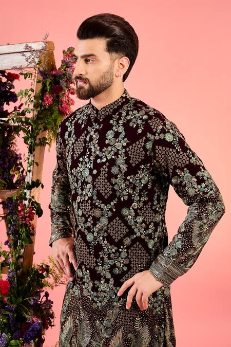 Kasbah_Wine Georgette Embroidery Chikankari Kurta _Online_at_Aza_Fashions