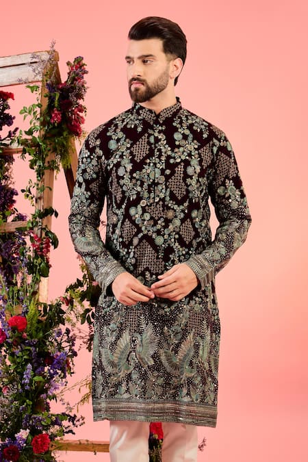 Buy_Kasbah_Wine Georgette Embroidery Chikankari Kurta _Online_at_Aza_Fashions