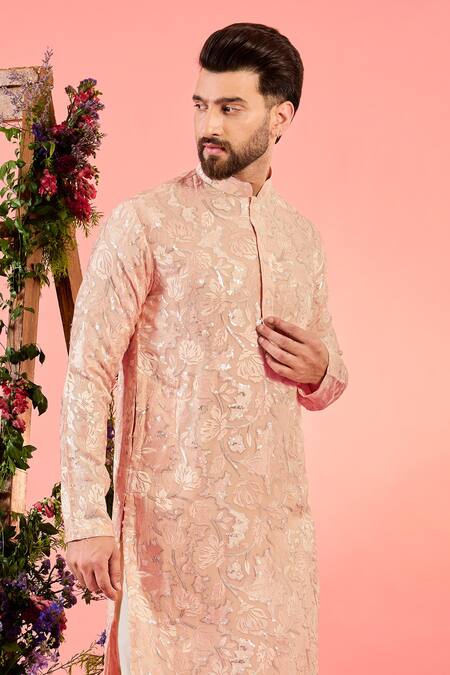 Kasbah_Peach Georgette Embroidery Chikankari Kurta _Online_at_Aza_Fashions
