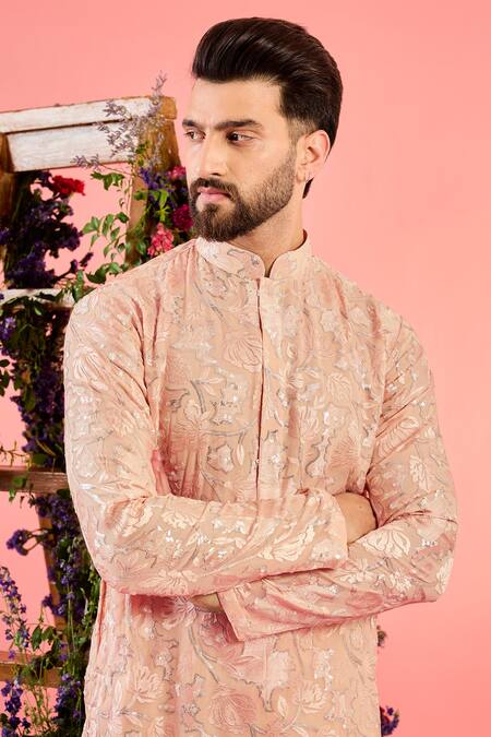 Buy_Kasbah_Peach Georgette Embroidery Chikankari Kurta _Online_at_Aza_Fashions