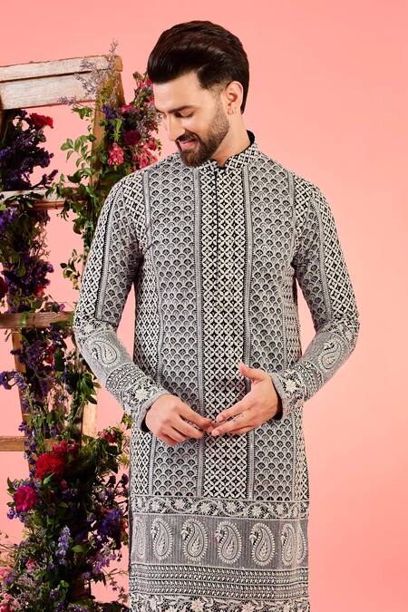 Kasbah_Black Georgette Embroidery Chikankari Kurta _Online_at_Aza_Fashions