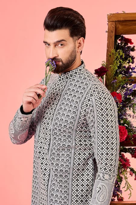 Buy_Kasbah_Black Georgette Embroidery Chikankari Kurta _Online_at_Aza_Fashions