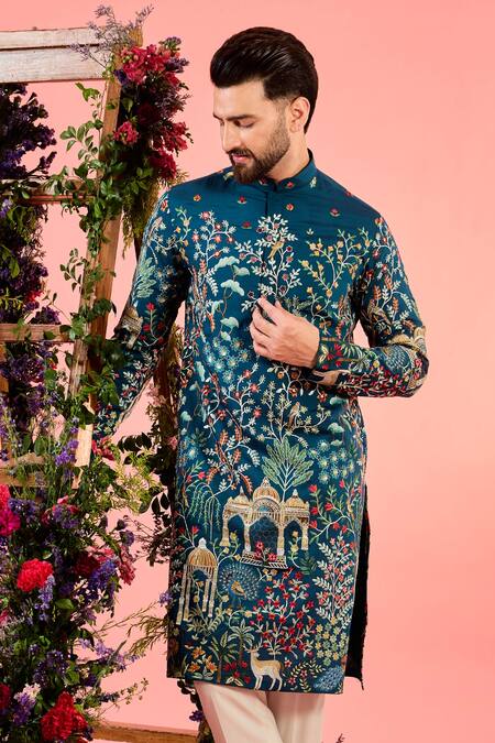 Buy_Kasbah_Blue Silk Embroidery Chikankari Kurta _Online_at_Aza_Fashions