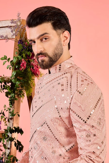 Kasbah Peach Georgette Sequins, Embroidery Leather Patchwork Sherwani Online at Aza Fashions Kasbah_Peach Georgette Sequins, Embroidery Leather Patchwork Sherwani _Online_at_Aza_Fashions