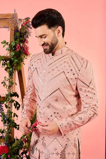 Buy Kasbah Peach Georgette Sequins, Embroidery Leather Patchwork Sherwani Online at Aza Fashions Buy_Kasbah_Peach Georgette Sequins, Embroidery Leather Patchwork Sherwani _Online_at_Aza_Fashions