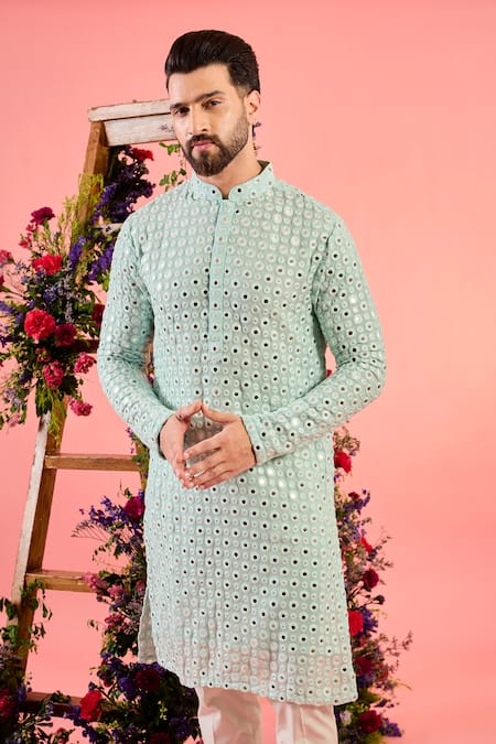 Kasbah_Blue Georgette Mirrors Ice Work Kurta _Online_at_Aza_Fashions