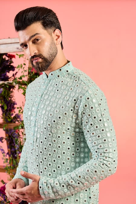 Buy_Kasbah_Blue Georgette Mirrors Ice Work Kurta _Online_at_Aza_Fashions