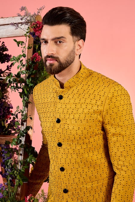 Kasbah_Yellow Silk Mustard Bandhgala Jacket _Online_at_Aza_Fashions