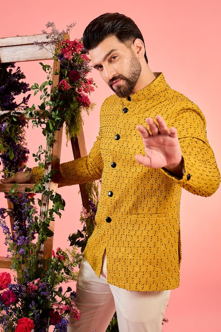 Buy_Kasbah_Yellow Silk Mustard Bandhgala Jacket _Online_at_Aza_Fashions