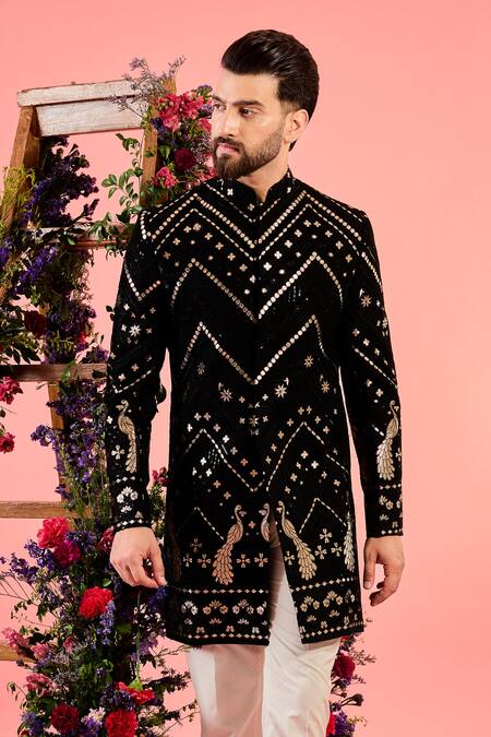 Kasbah_Black Georgette Patchwork Designer Sherwani _Online_at_Aza_Fashions