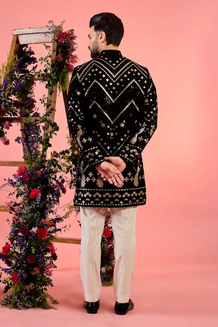Kasbah Black Patchwork Designer Sherwani 