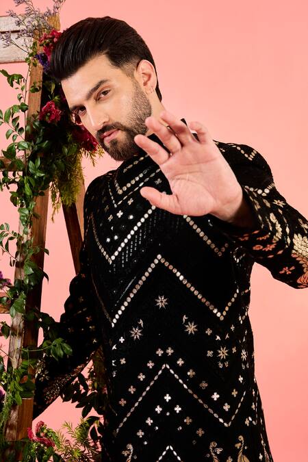 Buy_Kasbah_Black Georgette Patchwork Designer Sherwani _Online_at_Aza_Fashions