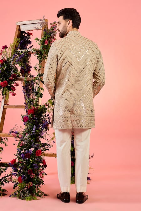 Kasbah Beige Leather Patchwork Sherwani 