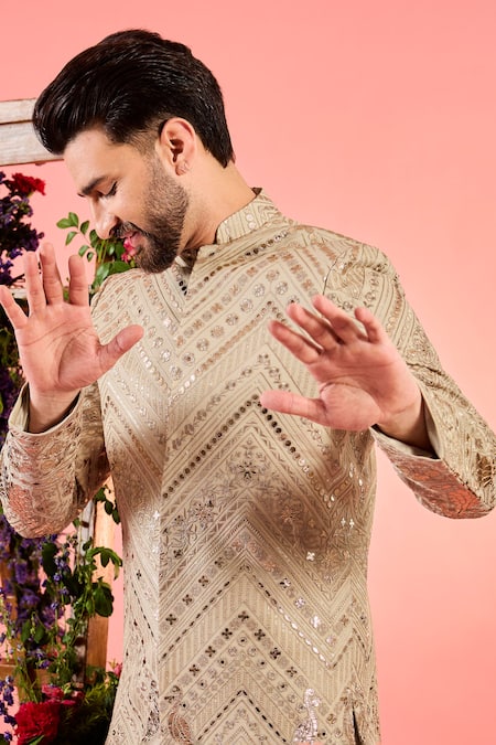 Kasbah Beige Georgette Embroidery Leather Patchwork Sherwani Online at Aza Fashions Kasbah_Beige Georgette Embroidery Leather Patchwork Sherwani _Online_at_Aza_Fashions