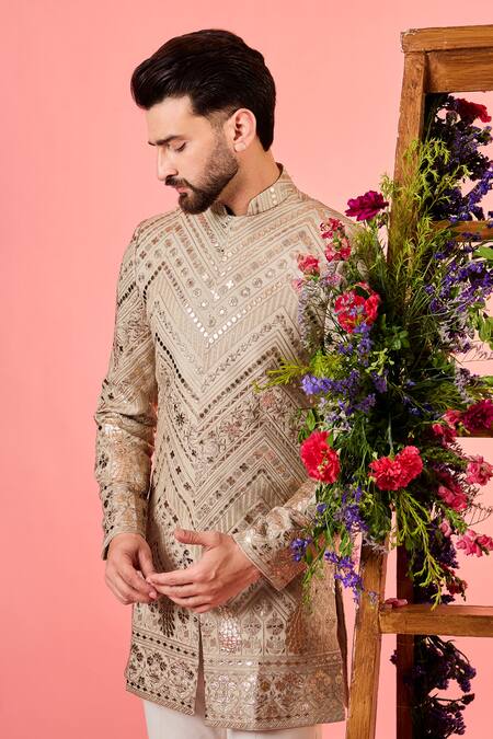 Buy Kasbah Beige Georgette Embroidery Leather Patchwork Sherwani Online at Aza Fashions Buy_Kasbah_Beige Georgette Embroidery Leather Patchwork Sherwani _Online_at_Aza_Fashions