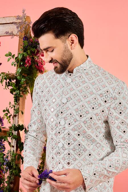 Kasbah_White Silk Mirrors Intricate Work Sherwani _Online_at_Aza_Fashions