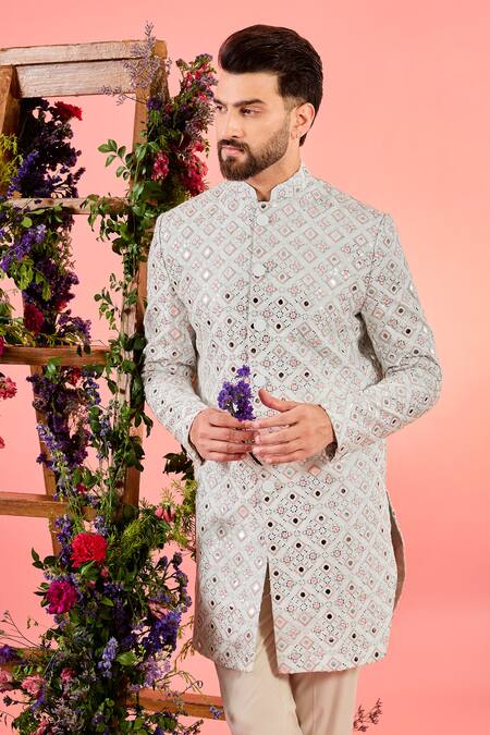 Buy_Kasbah_White Silk Mirrors Intricate Work Sherwani _Online_at_Aza_Fashions