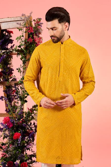 Buy_Kasbah_Yellow Georgette Sequins Chikankari Mustard Kurta _Online_at_Aza_Fashions
