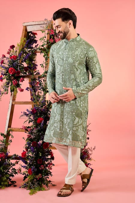 Kasbah Green Georgette Embroidery Sage Chikankari Kurta 
