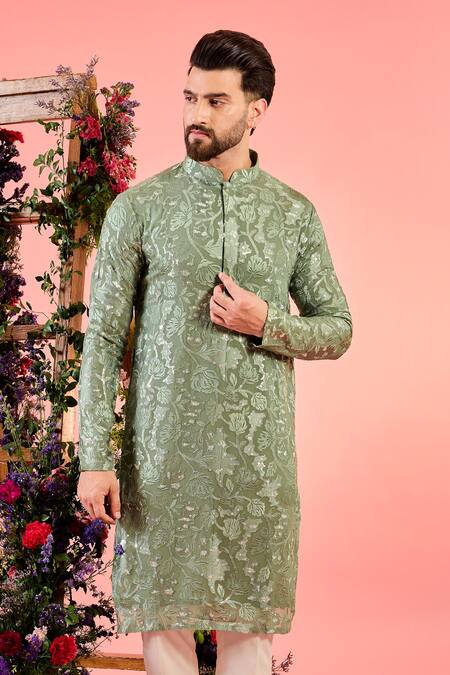 Buy Kasbah Green Georgette Embroidery Sage Chikankari Kurta Online at Aza Fashions Buy_Kasbah_Green Georgette Embroidery Sage Chikankari Kurta _Online_at_Aza_Fashions