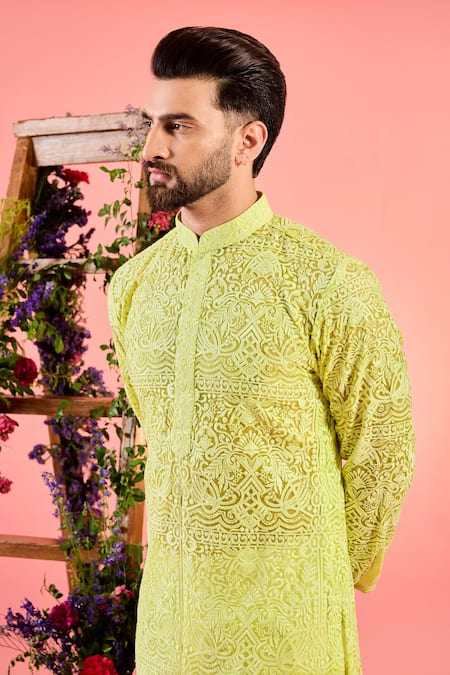 Kasbah Yellow Organza Embroidery Sheer Chikankari Kurta Online at Aza Fashions Kasbah_Yellow Organza Embroidery Sheer Chikankari Kurta _Online_at_Aza_Fashions