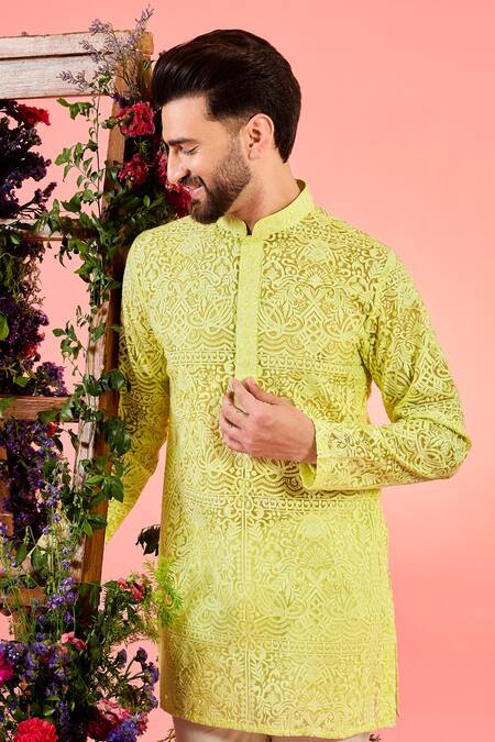 Buy Kasbah Yellow Organza Embroidery Sheer Chikankari Kurta Online at Aza Fashions Buy_Kasbah_Yellow Organza Embroidery Sheer Chikankari Kurta _Online_at_Aza_Fashions