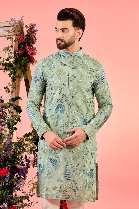 Kasbah_Green Silk Embroidery Mint Kurta_Online_at_Aza_Fashions