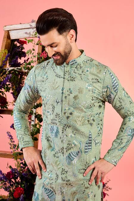 Buy_Kasbah_Green Silk Embroidery Mint Kurta_Online_at_Aza_Fashions