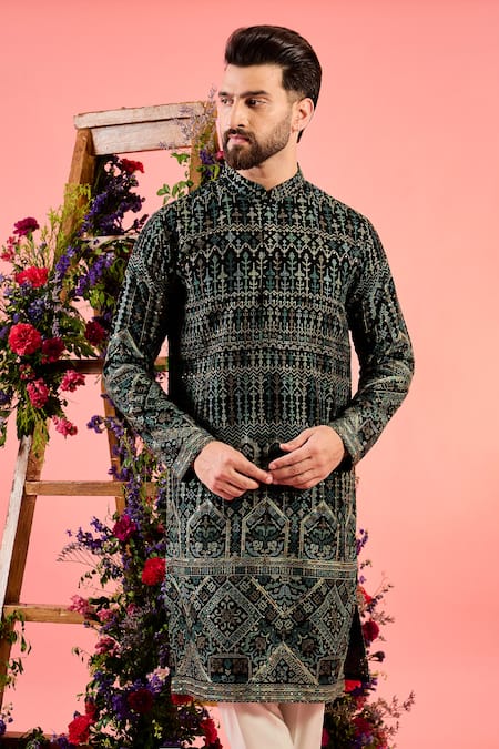 Kasbah_Black Georgette Embroidery Kashmiri Threadwork Kurta _Online_at_Aza_Fashions