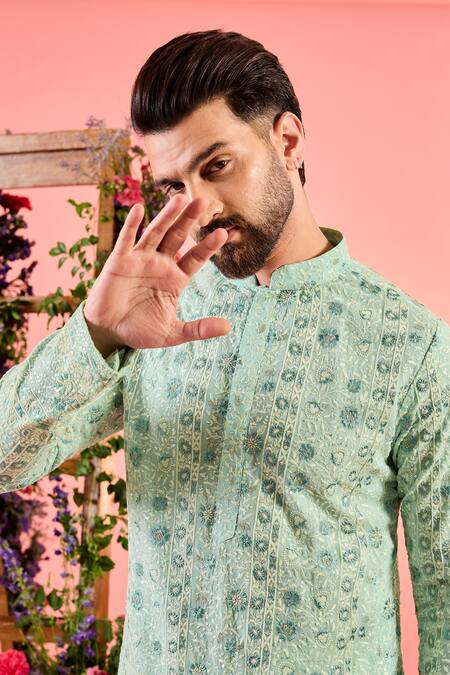 Kasbah_Blue Georgette Embroidery Chikankari Floral Kurta _Online_at_Aza_Fashions