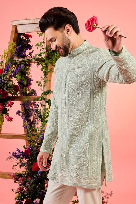 Kasbah_Blue Georgette Embroidery Chikankari Floral Kurta _Online_at_Aza_Fashions