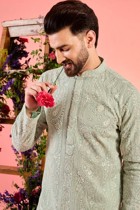 Buy_Kasbah_Blue Georgette Embroidery Chikankari Floral Kurta _Online_at_Aza_Fashions