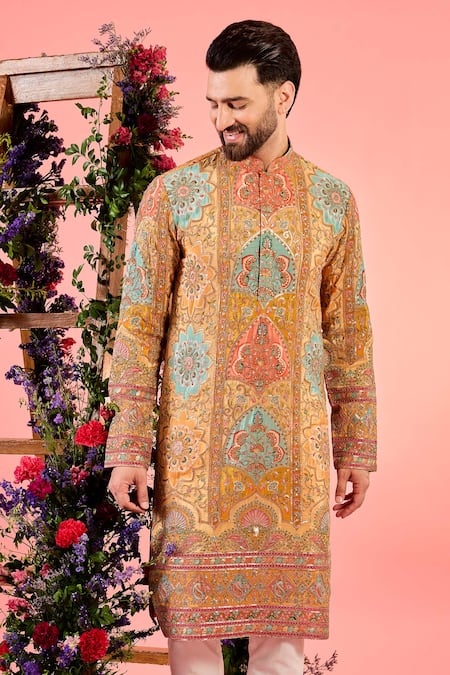 Buy Kasbah Mustard Georgette Embroidery Multicolor Chikankari Kurta Online at Aza Fashions Buy_Kasbah_Mustard Georgette Embroidery Multicolor Chikankari Kurta _Online_at_Aza_Fashions
