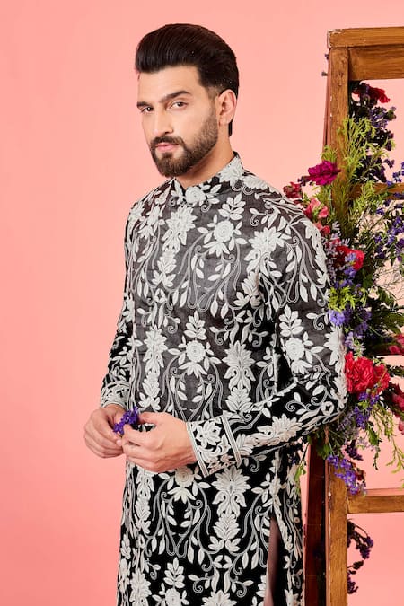 Kasbah_Black Silk Embroidery Floral Chikankari Kurta _Online_at_Aza_Fashions
