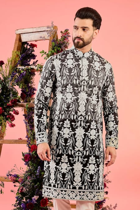 Buy_Kasbah_Black Silk Embroidery Floral Chikankari Kurta _Online_at_Aza_Fashions