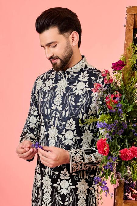 Kasbah_Black Silk Embroidery Blue Ombre Chikankari Kurta _Online_at_Aza_Fashions