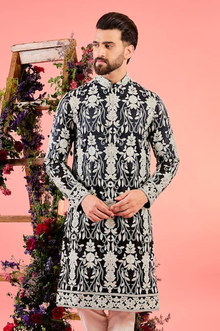 Buy_Kasbah_Black Silk Embroidery Blue Ombre Chikankari Kurta _Online_at_Aza_Fashions
