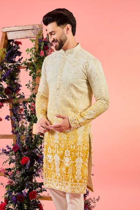 Kasbah Yellow Silk Mirrors Ombre Work Kurta Online at Aza Fashions Kasbah_Yellow Silk Mirrors Ombre Work Kurta _Online_at_Aza_Fashions