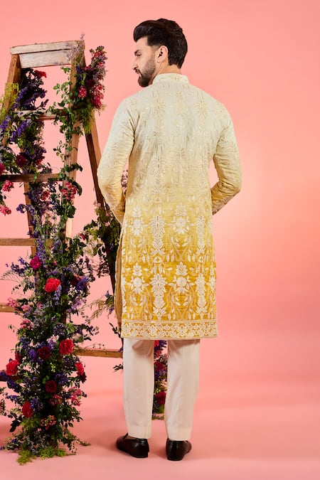 Shop Kasbah Yellow Silk Mirrors Ombre Work Kurta at Aza Fashions Shop_Kasbah_Yellow Silk Mirrors Ombre Work Kurta _at_Aza_Fashions
