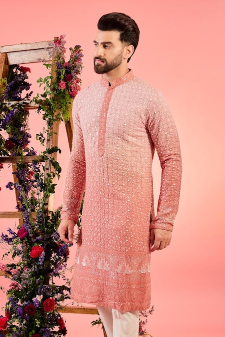 Kasbah_Peach Georgette Mirrors Ombre Work Kurta _Online_at_Aza_Fashions