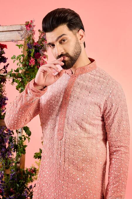 Buy_Kasbah_Peach Georgette Mirrors Ombre Work Kurta _Online_at_Aza_Fashions