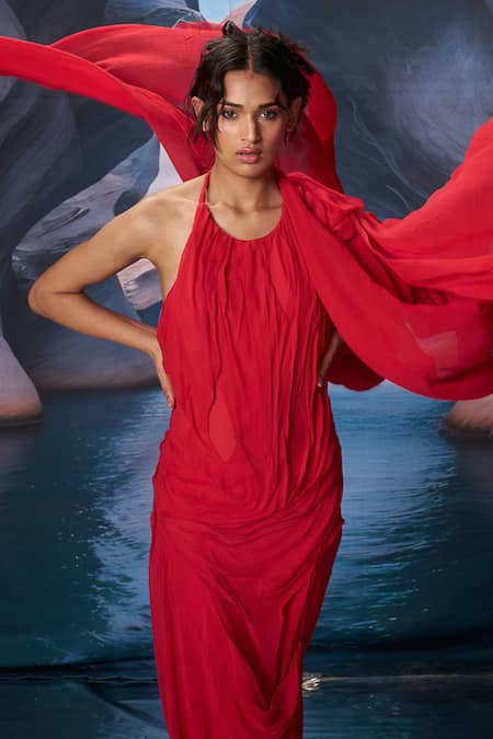 Shop_Amrta By Guneet Kondal_Red Georgette Halter Neck Ruching Dress _Online_at_Aza_Fashions
